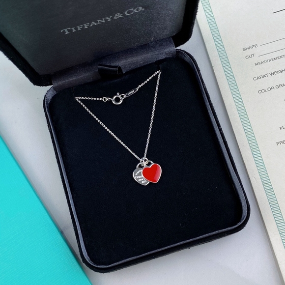 Love Heart Red enamel Double Heart Tag Necklace Necklace length 46cm